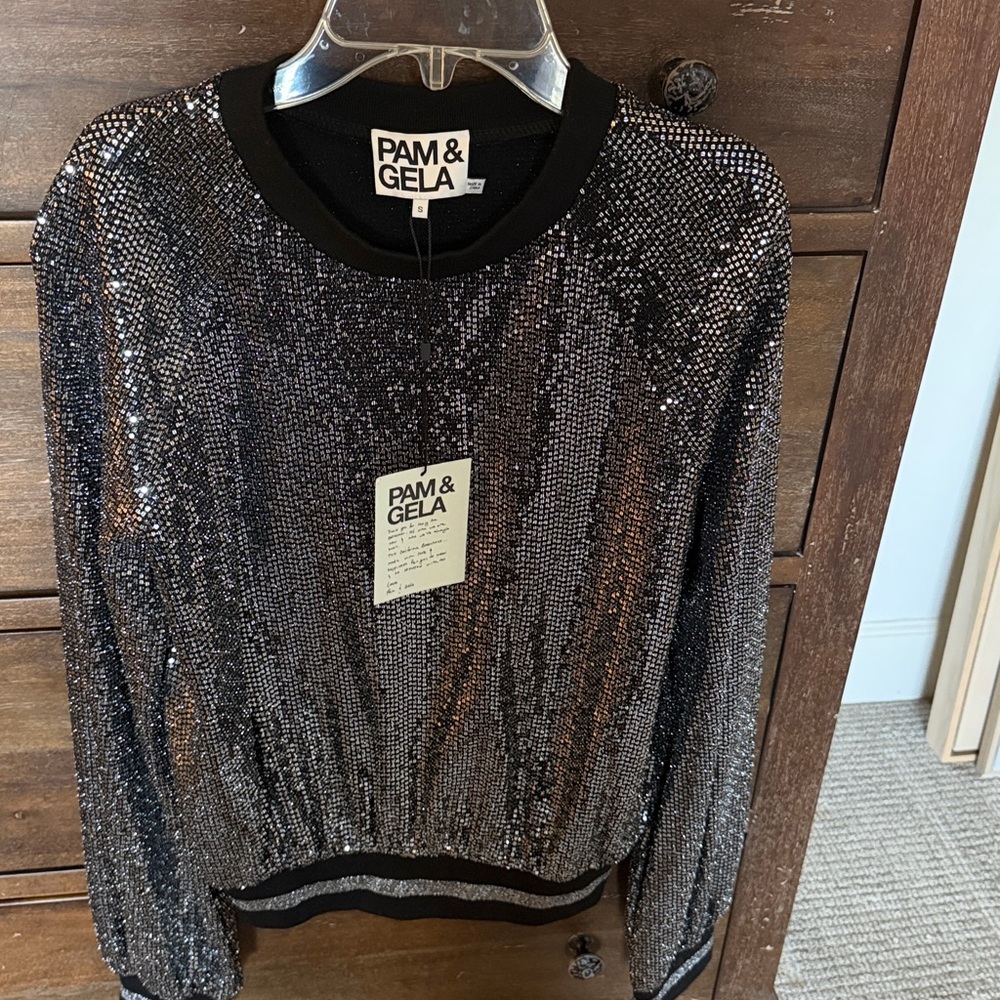 NWT Pam & Gela Black and Silver Sequin Sweatshirt-Size S